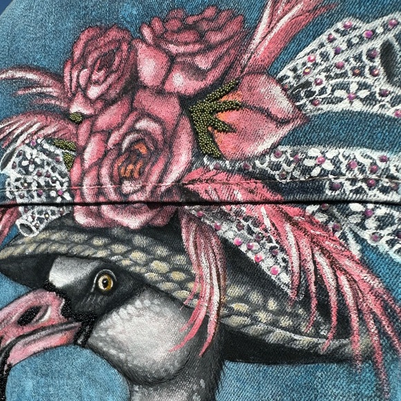 Victorian flamingo handpainted rhinestones cropped denim TGLA Jean jacket sz LG - Picture 9 of 16